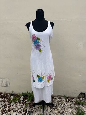 Vintage White Floral Sleeveless Midi Dress , Size M